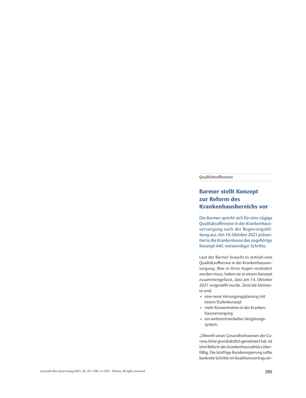Vorschauseite 1: Qualitätsoffensive – Barmer stellt Konzept zur Reform des Krankenhausbereichs vor
