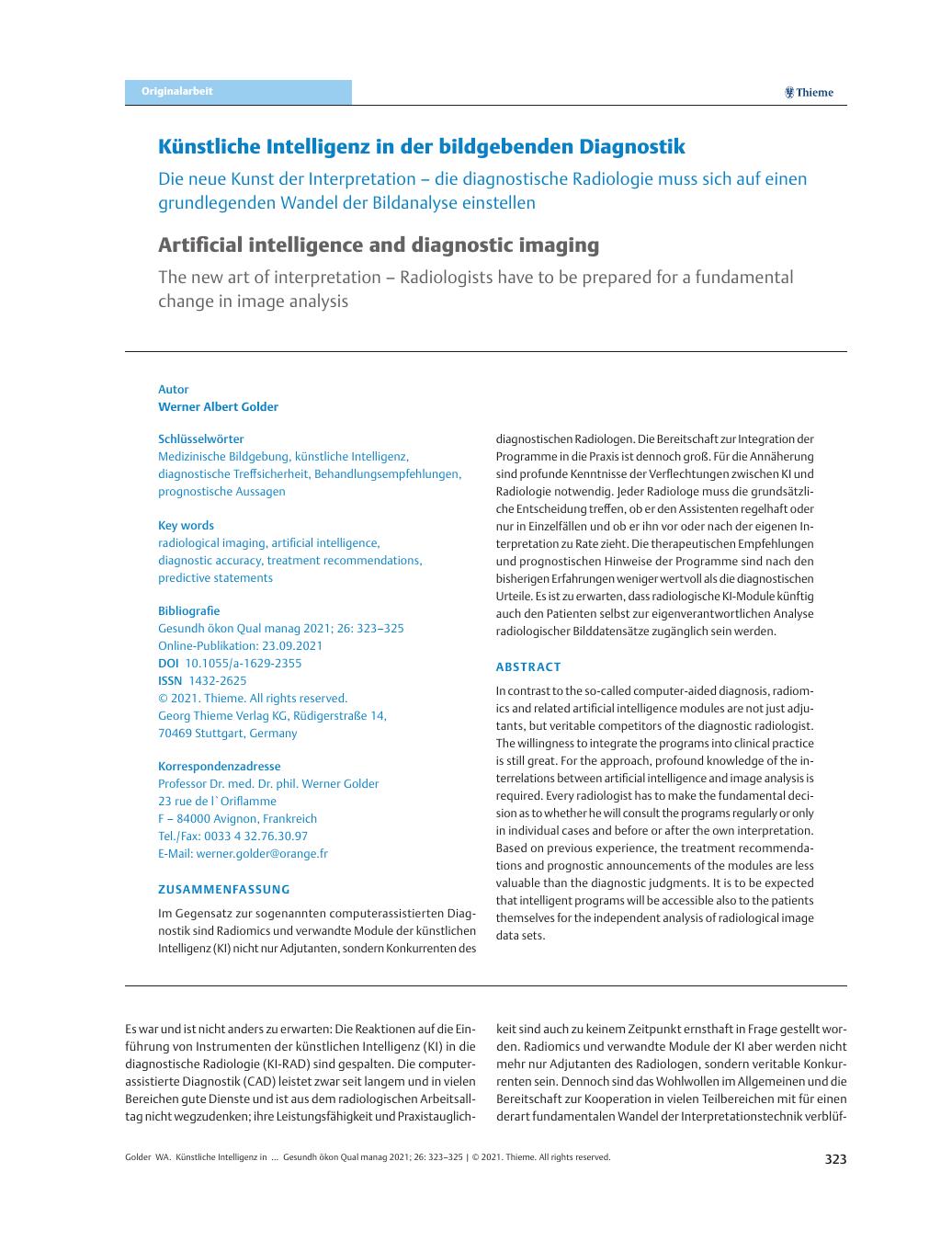 Vorschauseite 1: Künstliche Intelligenz in der bildgebenden Diagnostik