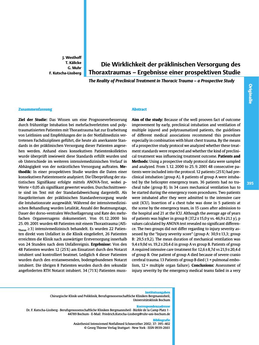 Vorschauseite 1: Die Wirklichkeit der präklinischen Versorgung des Thoraxtraumas - Ergebnisse einer prospektiven Studie