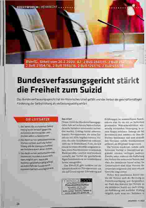 Vorschauseite 1: Bundesverfassungsgericht stärkt die Freiheit zum Suizid