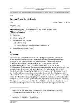 Vorschauseite 1: Abmahnung und Direktionsrecht bei nicht erwiesener Pflichtverletzung