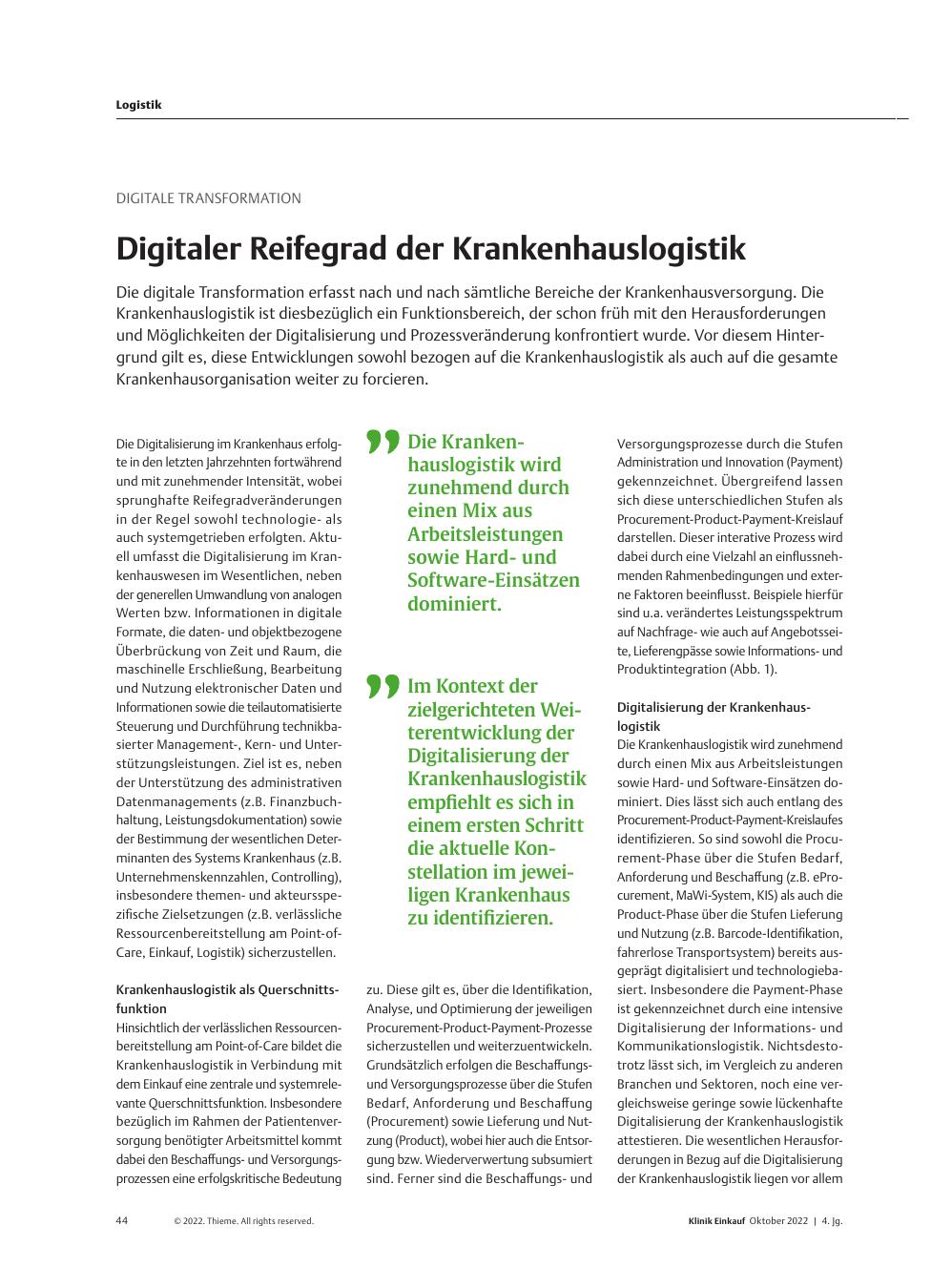 Vorschauseite 1: Digitale Transformation: Digitaler Reifegrad der Krankenhauslogistik