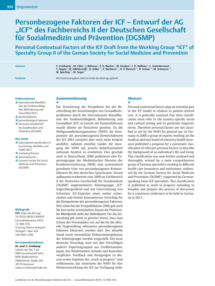 Vorschauseite 1: Personbezogene Faktoren der ICF – Entwurf der AG „ICF” des Fachbereichs II der Deutschen Gesellschaft für Sozialmedizin und Prävention (DGSMP)