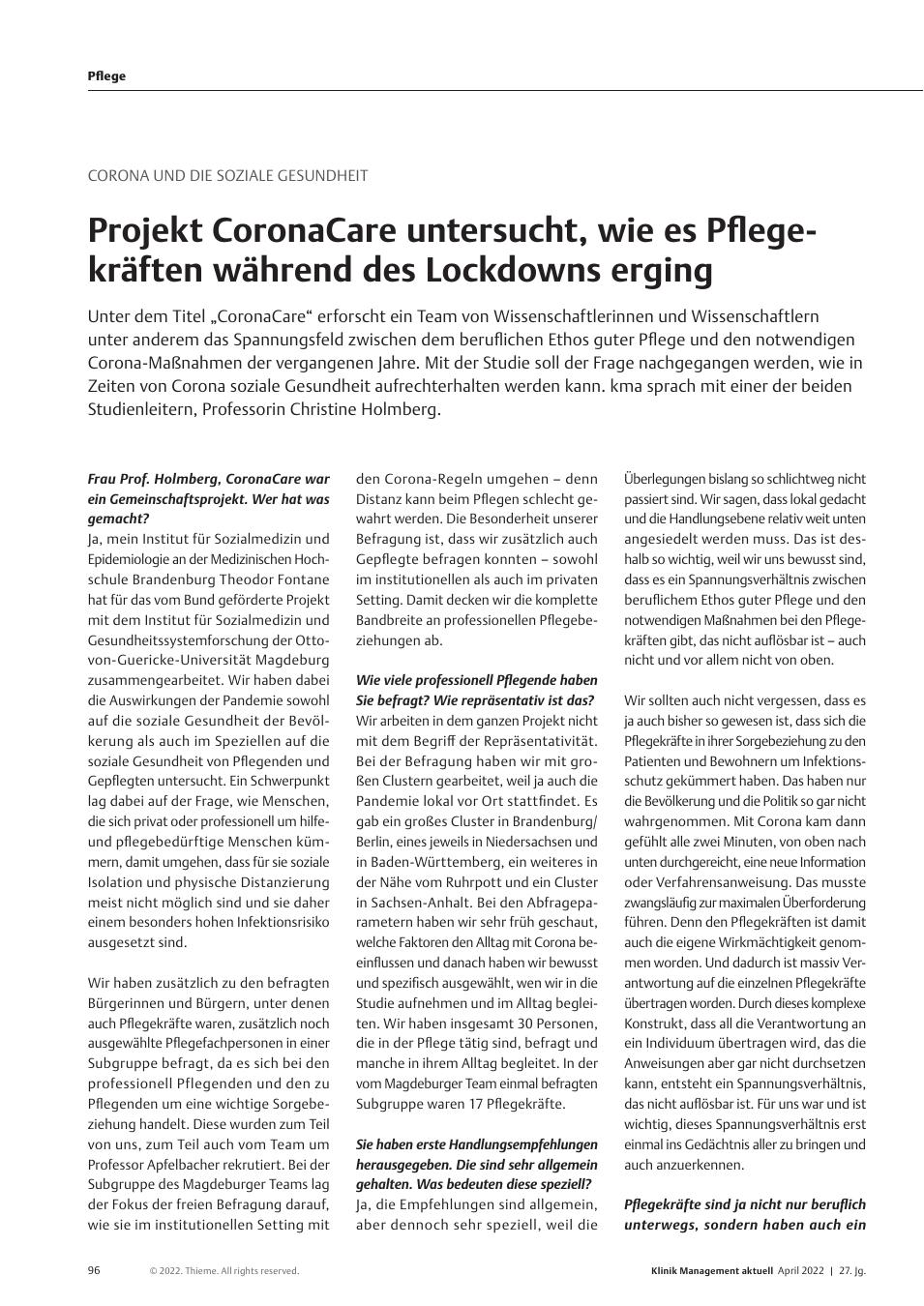 Vorschauseite 1: Corona und die Soziale Gesundheit: Projekt CoronaCare untersucht, wie es Pflegekräften während des Lockdowns erging.