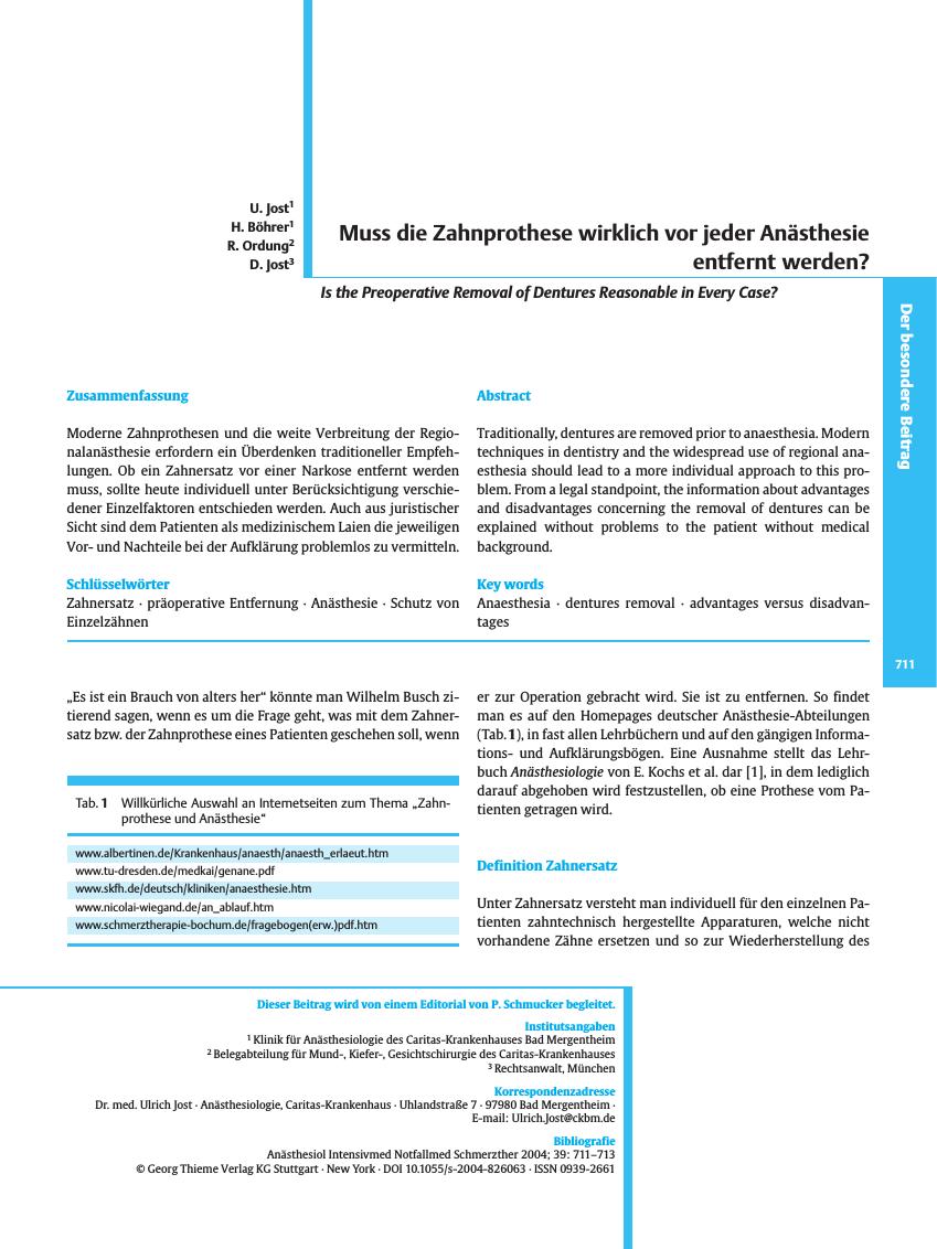 Vorschauseite 1: Muss die Zahnprothese wirklich vor jeder Anästhesie entfernt werden?