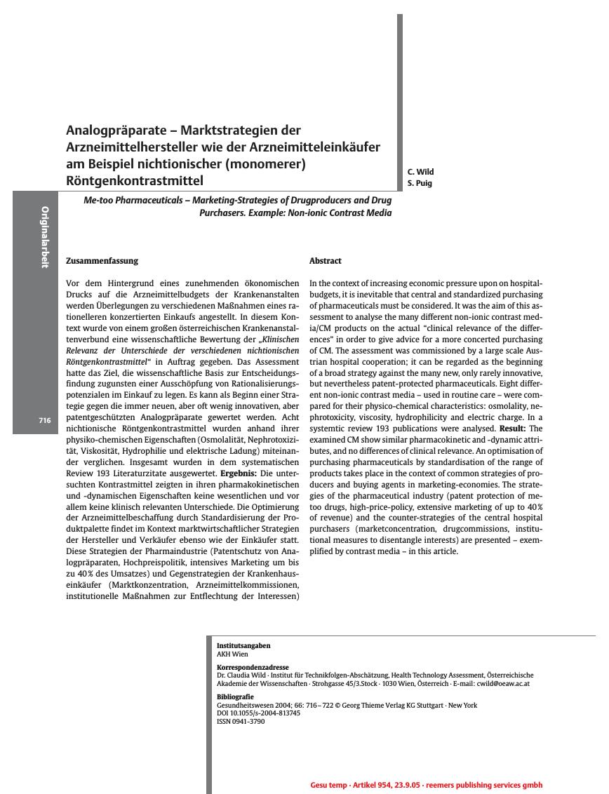 Vorschauseite 1: Analogpräparate - Marktstrategien der Arzneimittelhersteller wie der Arzneimitteleinkäufer am Beispiel nichtionischer (monomerer) Röntgenkontrastmittel