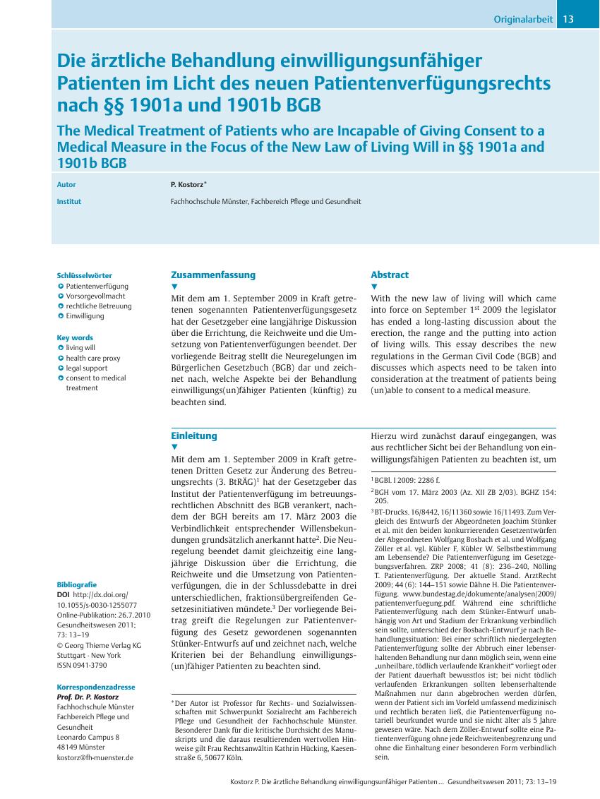 Vorschauseite 1: Die ärztliche Behandlung einwilligungsunfähiger Patienten im Licht des neuen Patientenverfügungsrechts nach §§ 1901a und 1901b BGB