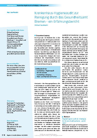 Vorschauseite 1: Krankenhaus-Hygieneaudit zur Reinigung durch das Gesundheitsamt Bremen - ein Erfahrungsbericht
