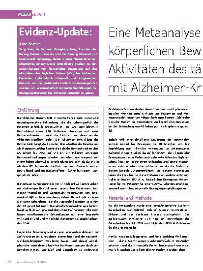 Vorschauseite 1: Eine Metaanalyse zur Wirksamkeit von körperlichen Bewegungsinterventionen auf die Aktivitäten des täglichen Lebens bei Patienten mit Alzheimer Krnkheit