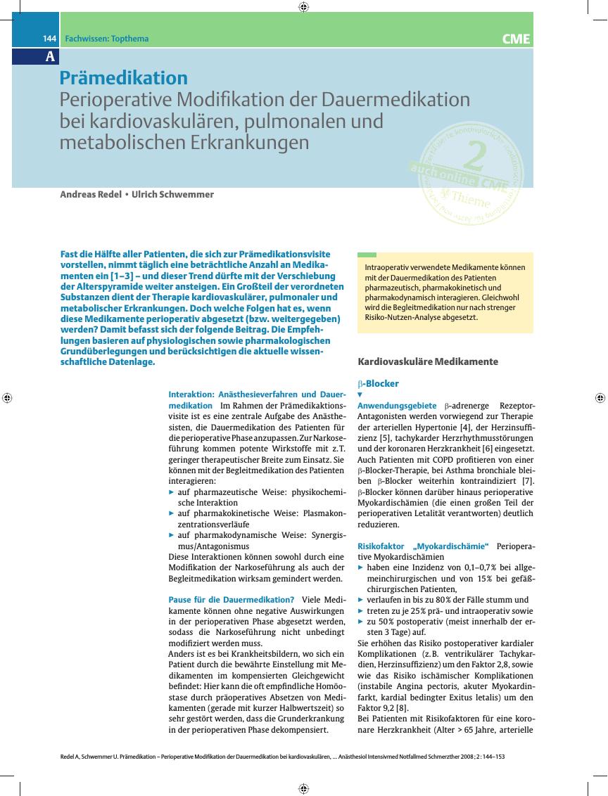 Vorschauseite 1: Perioperative Modifikation der Dauermedikation bei kardiovaskulären, pulmonalen und metabolischen Erkrankungen