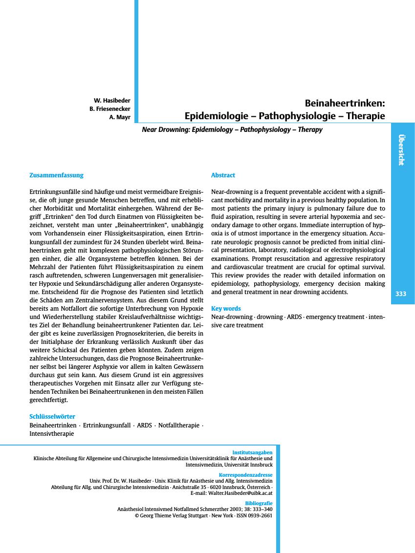 Vorschauseite 1: Beinaheertrinken: Epidemiologie - Pathophysiologie - Therapie