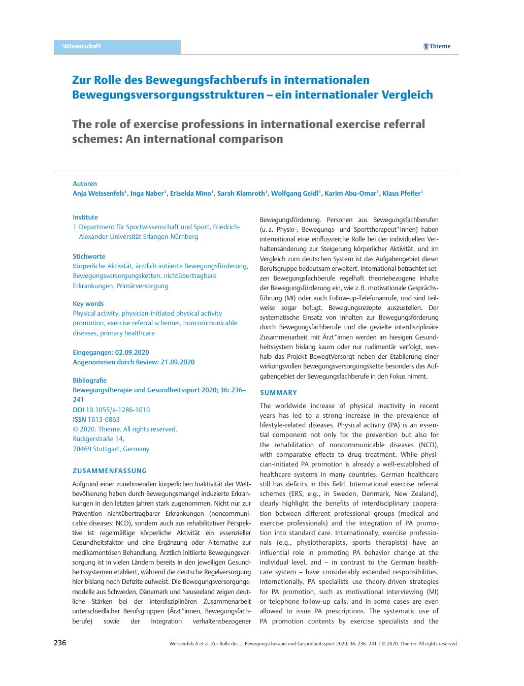 Vorschauseite 1: Zur Rolle des Bewegungsfachberufs in internationalen Bewegungsversorgungsstrukturen – ein internationaler Vergleich.