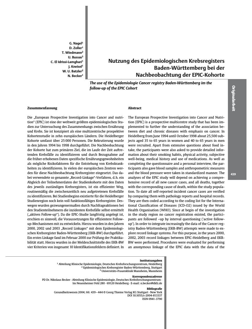 Vorschauseite 1: Nutzung des Epidemiologischen Krebsregisters Baden-Württemberg bei der Nachbeobachtung der EPIC-Kohorte