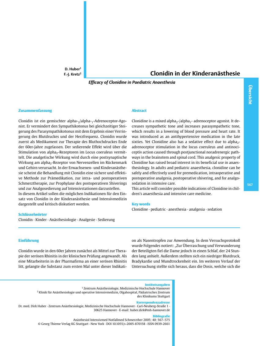 Vorschauseite 1: Clonidin in der Kinderanästhesie