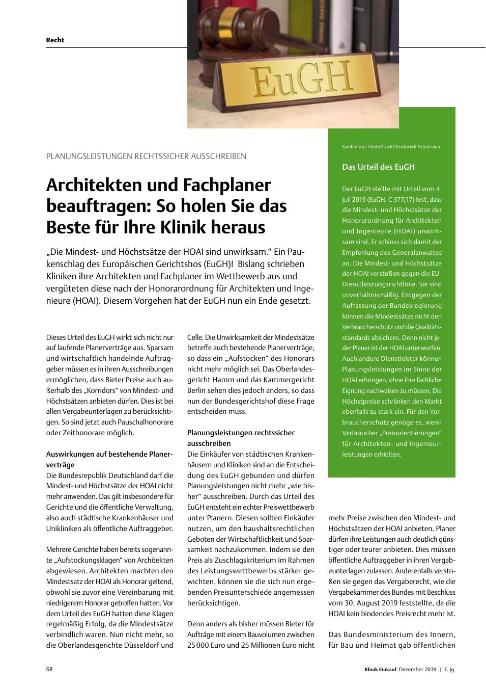 Vorschauseite 1: Planungsleistungen Rechtssicher Ausschreiben: Architekten und Fachplaner beauftragen: So holen Sie das Beste für Ihre Klinik heraus