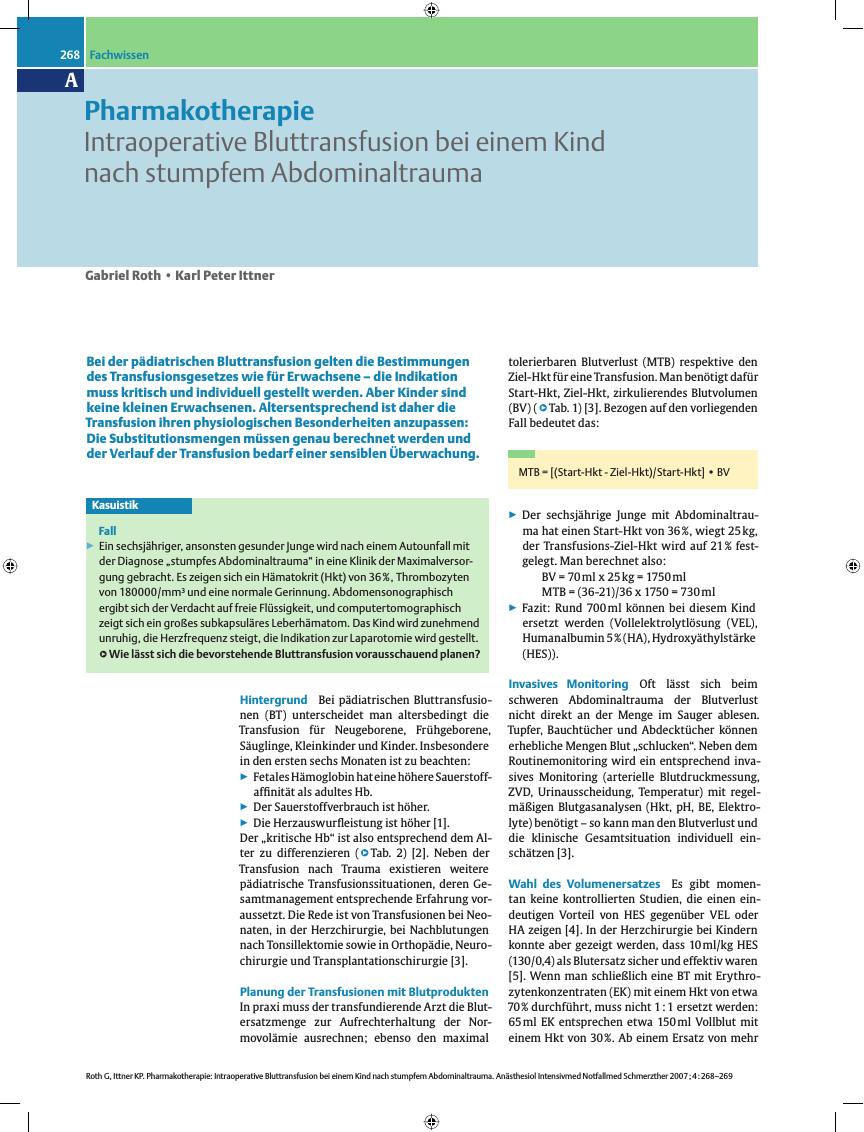 Vorschauseite 1: Pharmakotherapie. Intraoperative Bluttransfusion bei einem Kind nach stumpfem Abdominaltrauma