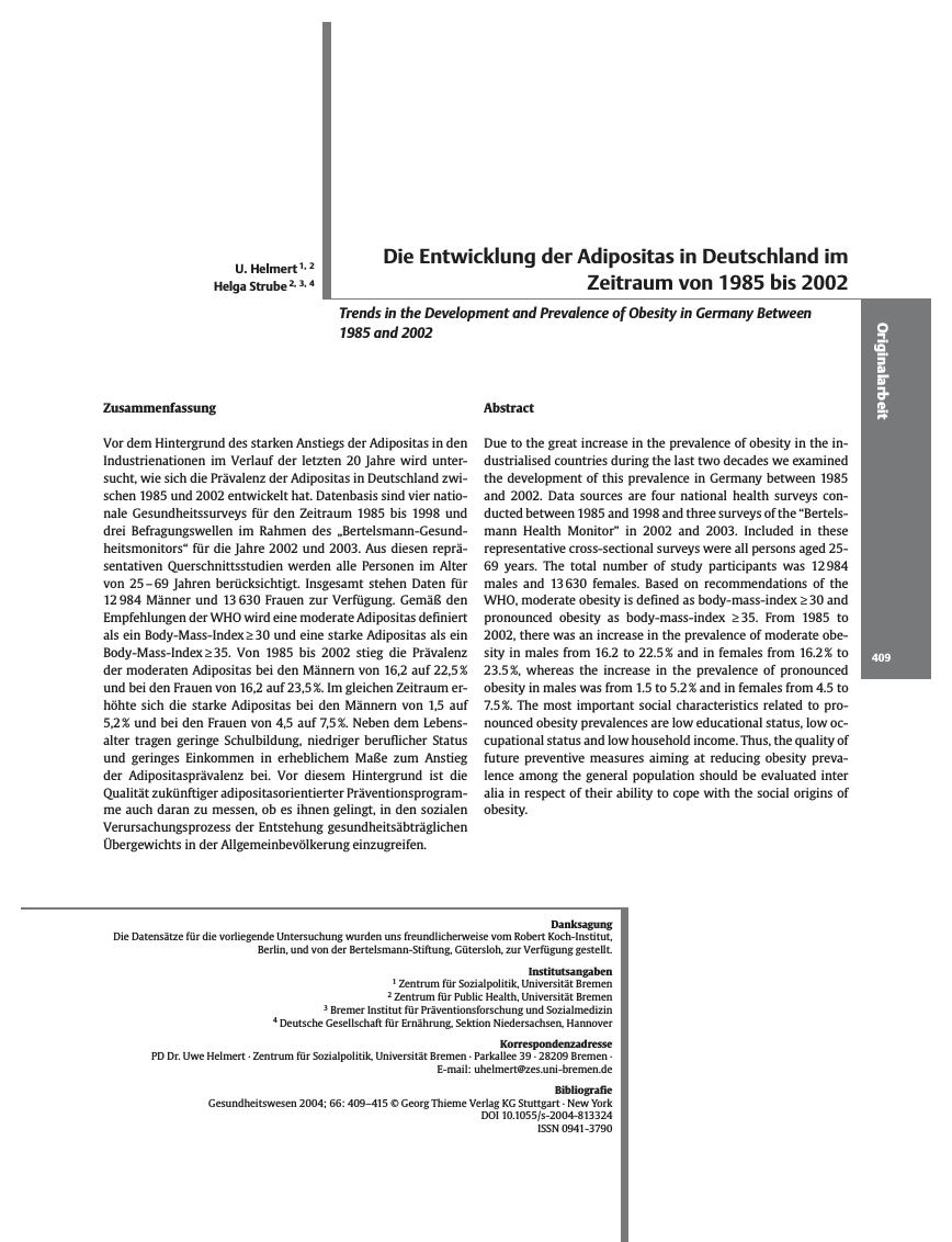 Vorschauseite 1: Die Entwicklung der Adipositas in Deutschland im Zeitraum von 1985 bis 2002