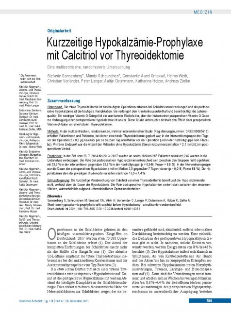 Vorschauseite 1: Kurzzeitige Hypokalzämie-Prophylaxe mit Calcitriol vor Thyreoidektomie