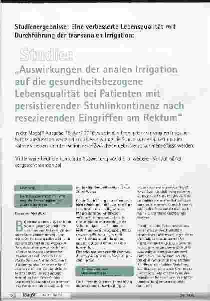 Vorschauseite 1: Studie: „Auswirkungen der analen Irrigation auf die gesundheitsbezogene Lebensqualität bei Patienten mit persistierender Stuhlinkontinenz nach resezierenden Eingriffen am Rektum"