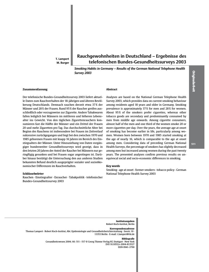 Vorschauseite 1: Rauchgewohnheiten in Deutschland - Ergebnisse des telefonischen Bundes-Gesundheitssurveys 2003