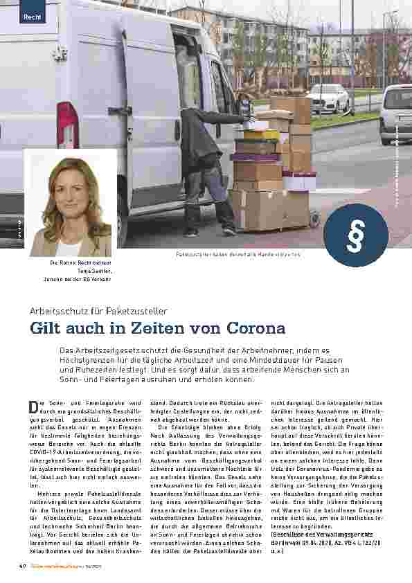 Vorschauseite 1: Arbeitsschutz für Paketzusteller gilt auch in Zeiten von Corona.
