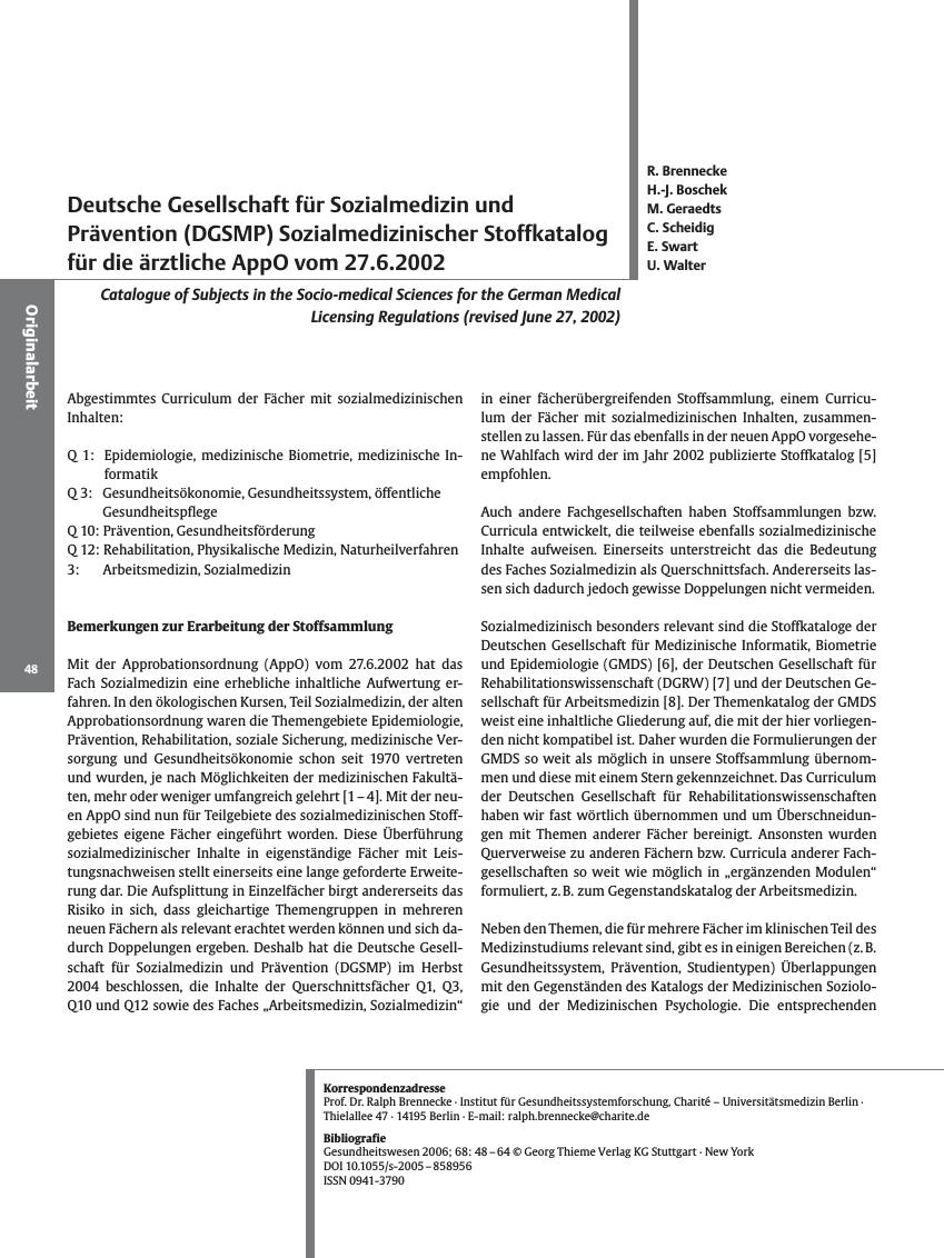 Vorschauseite 1: Deutsche Gesellschaft für Sozialmedizin und Prävention (DGSMP) Sozialmedizinischer Stoffkatalog für die ärztliche AppO vom 27.6.2002