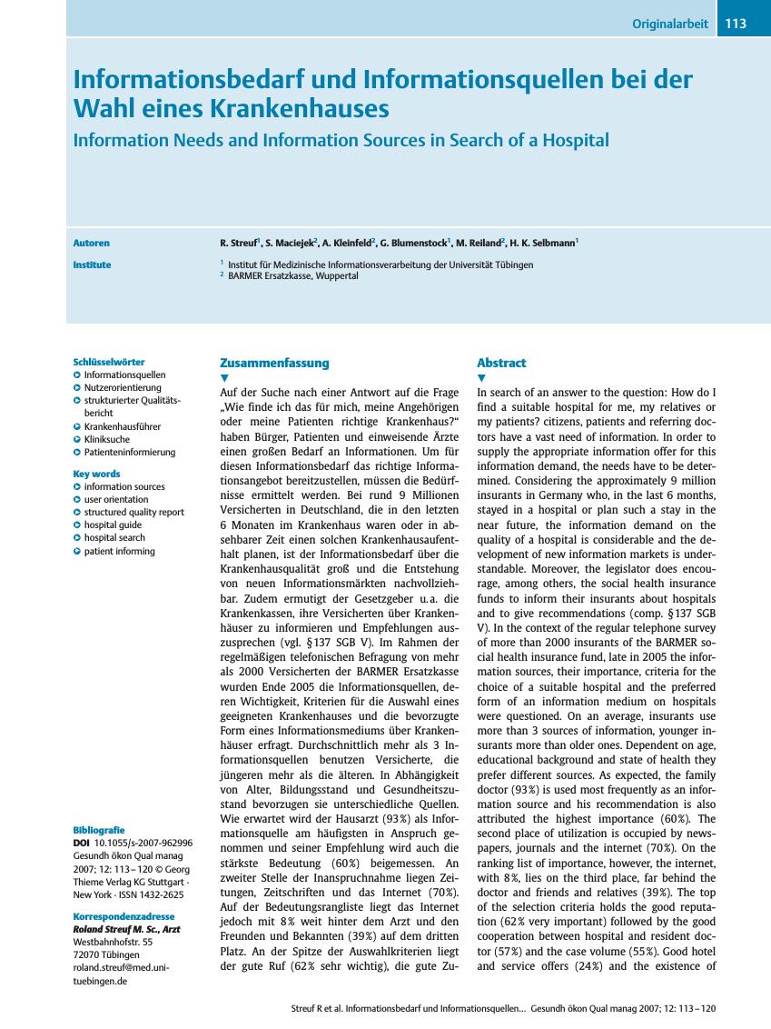 Vorschauseite 1: Informationsbedarf und Informationsquellen bei der Wahl eines Krankenhauses