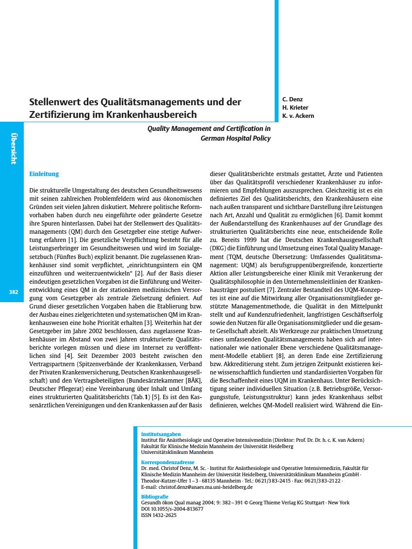 Vorschauseite 1: Stellenwert des Qualitätsmanagements und der Zertifizierung im Krankenhausbereich