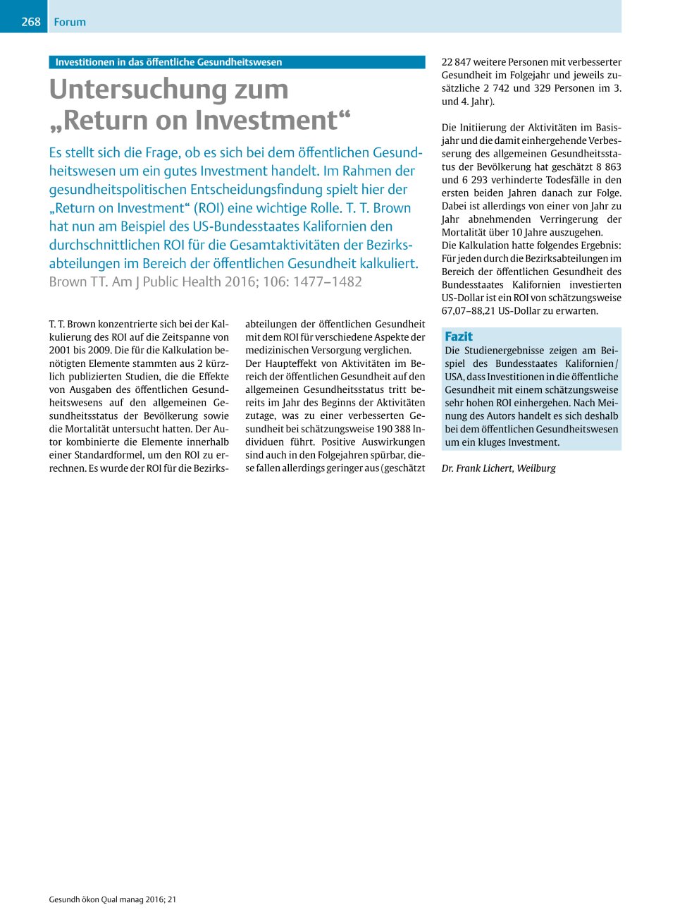 Vorschauseite 1: Investitionen in das öffentliche Gesundheitswesen ? Untersuchung zum ?Return on Investment?