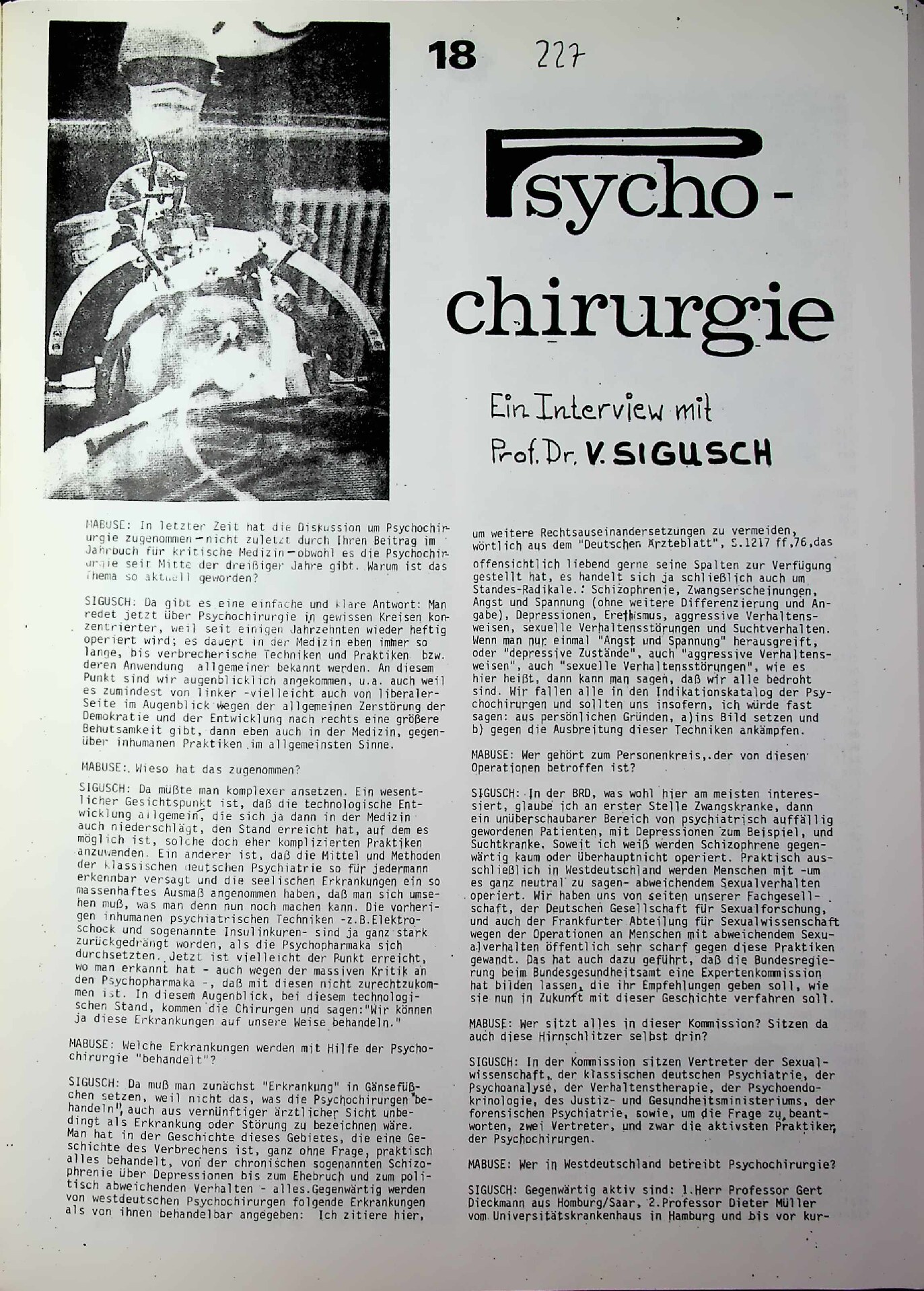 Vorschau: Psychochirurgie. Ein Interview mit F. Sigusch