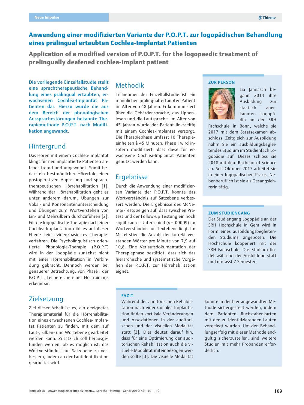 Vorschauseite 1: Anwendung einer modifizierten Variante der P.O.P.T. zur logopädischen Behandlung eines prälingual ertaubten Cochlea-Implantat Patienten