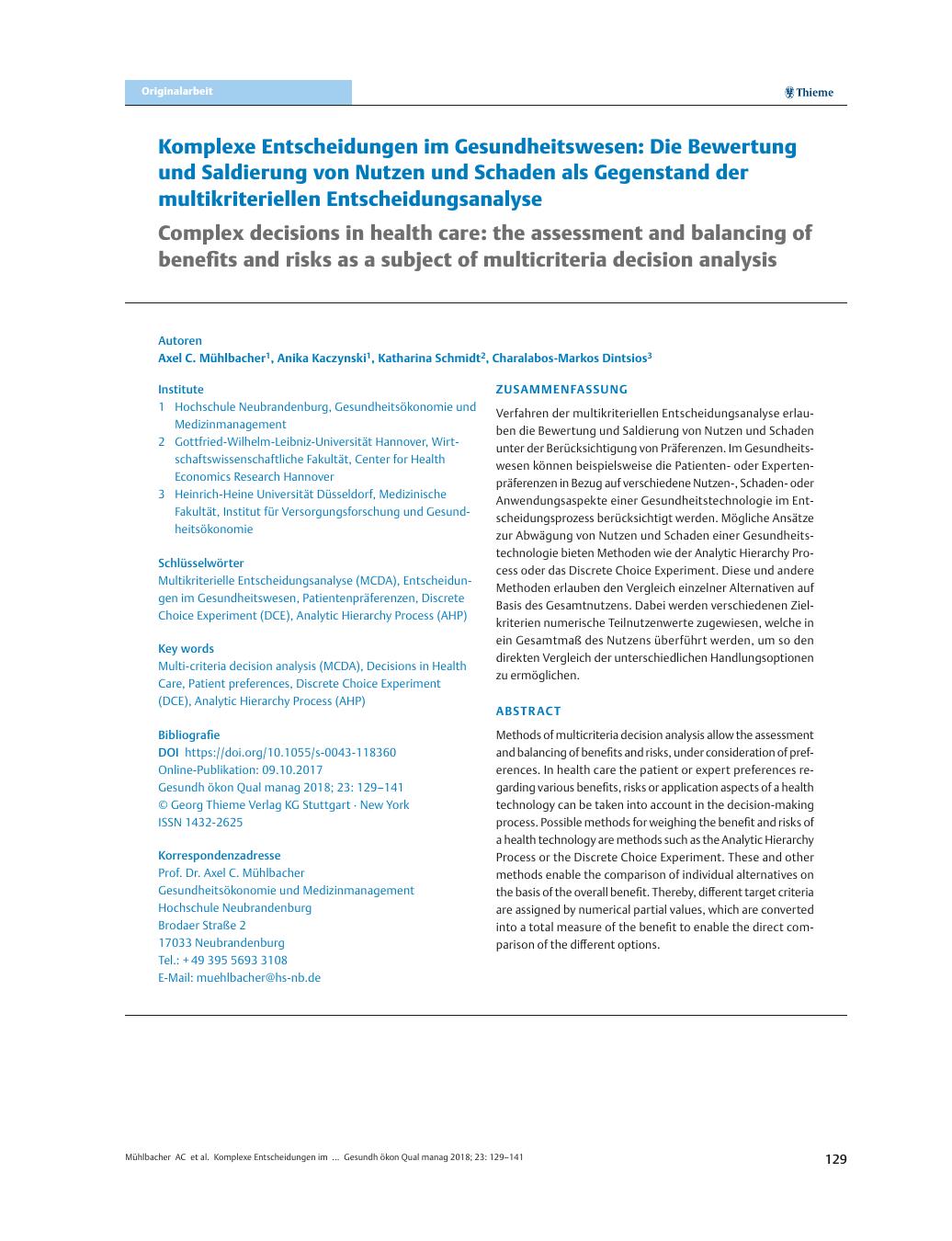 Vorschauseite 1: Komplexe Entscheidungen im Gesundheitswesen: Die Bewertung und Saldierung von Nutzen und Schaden als Gegenstand der multikriteriellen Entscheidungsanalyse