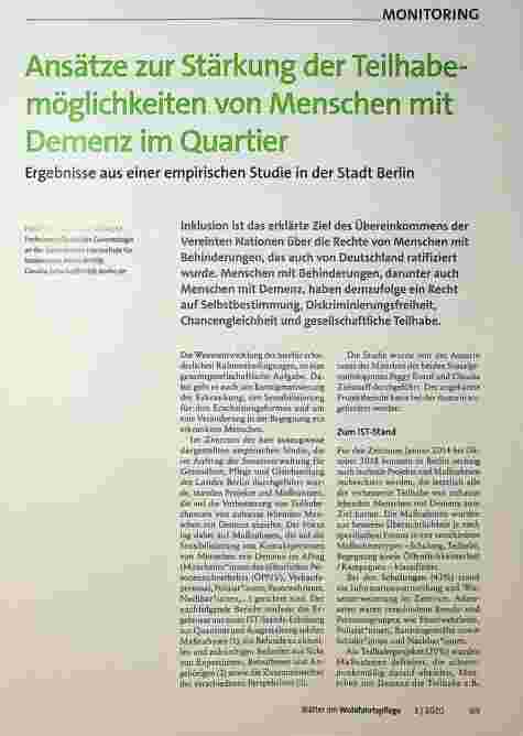 Vorschauseite 1: Ansätze zur Stärkung der Teilhabemöglichkeiten von Menschen mit Demenz im Quartier. Ergebnisse aus einer empirischen Studie in der Stadt Berlin.