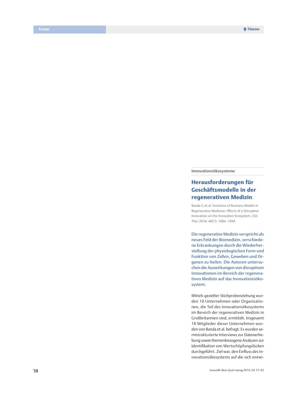 Vorschauseite 1: Innovationsökosysteme – Herausforderungen für Geschäftsmodelle in der regenerativen Medizin