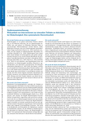 Vorschauseite 1: Studienzusammenfassung Wirksamkeit von Interventionen zur sinnvollen Teilhabe an Aktivitäten bei Obdachlosigkeit: Eine systematische Übersichtsarbeit