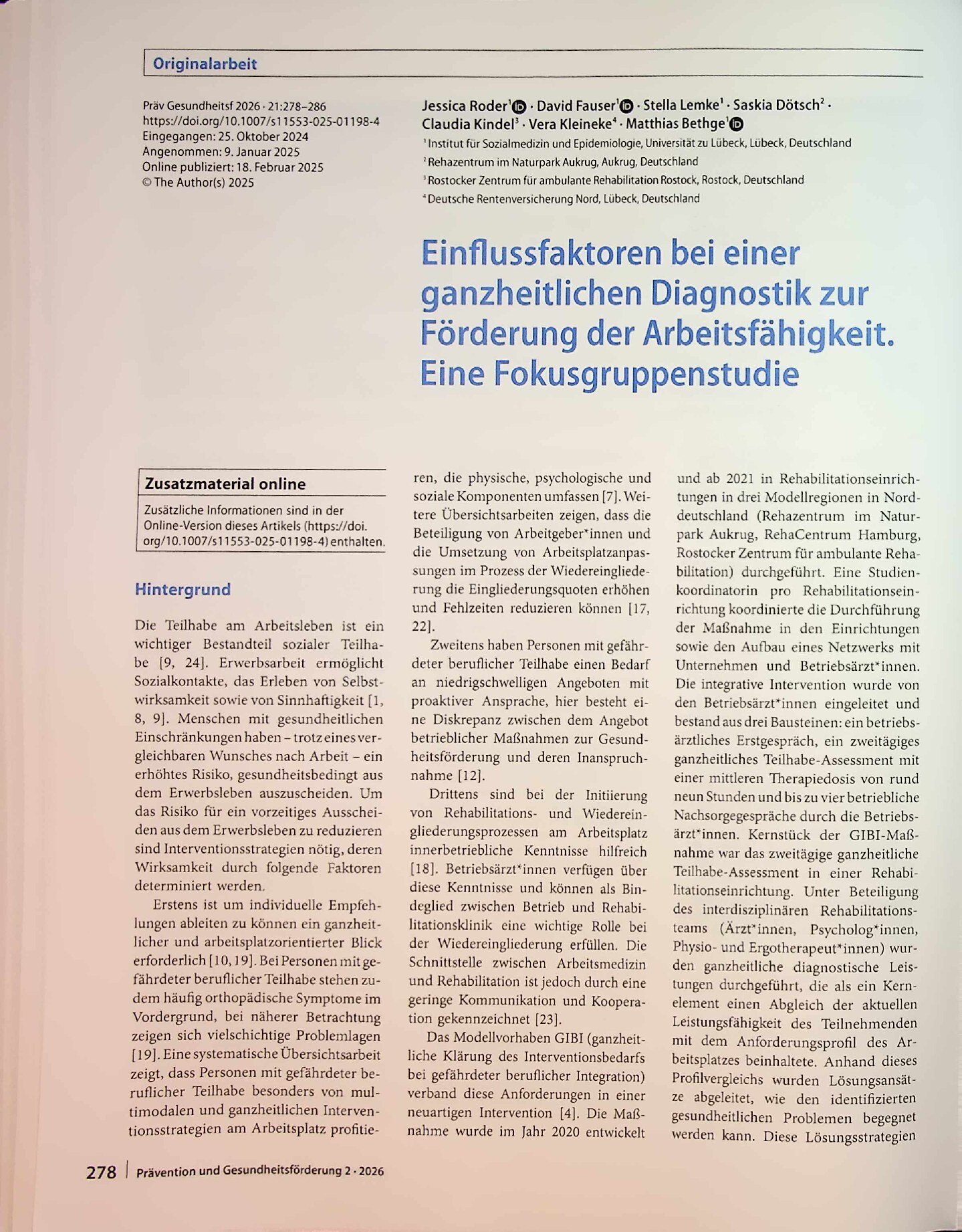 Vorschauseite 1: Einflussfaktoren bei einer ganzheitlichen Diagnostik zur Förderung der Arbeitsfähigkeit. Eine Fokusgruppenstudie