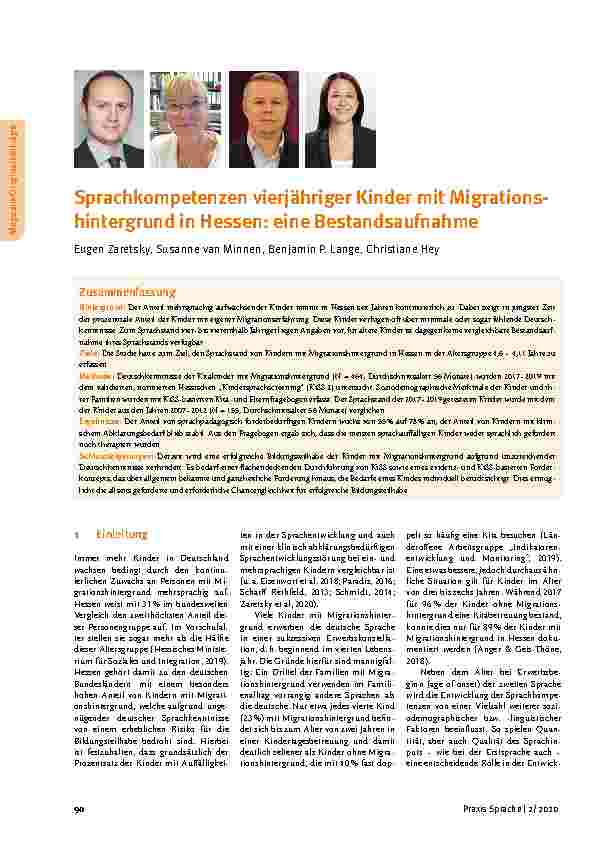 Vorschauseite 1: Sprachkompetenzen vierjähriger Kinder mit Migrationshintergrund in Hessen: eine Bestandsaufnahme