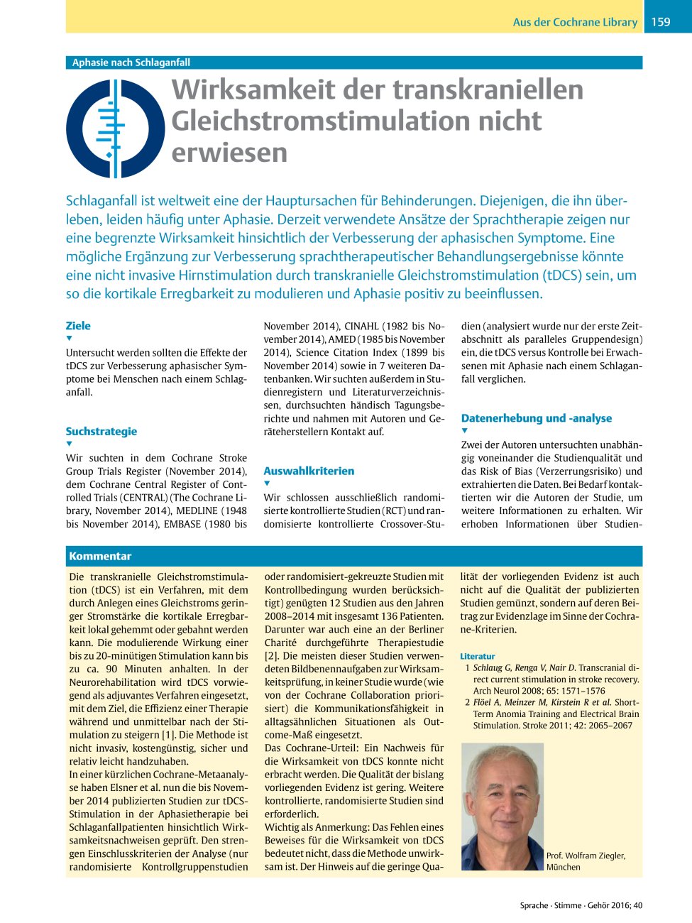 Vorschauseite 1: Aphasie nach Schlaganfall ? Wirksamkeit der transkraniellen Gleichstromstimulation nicht erwiesen