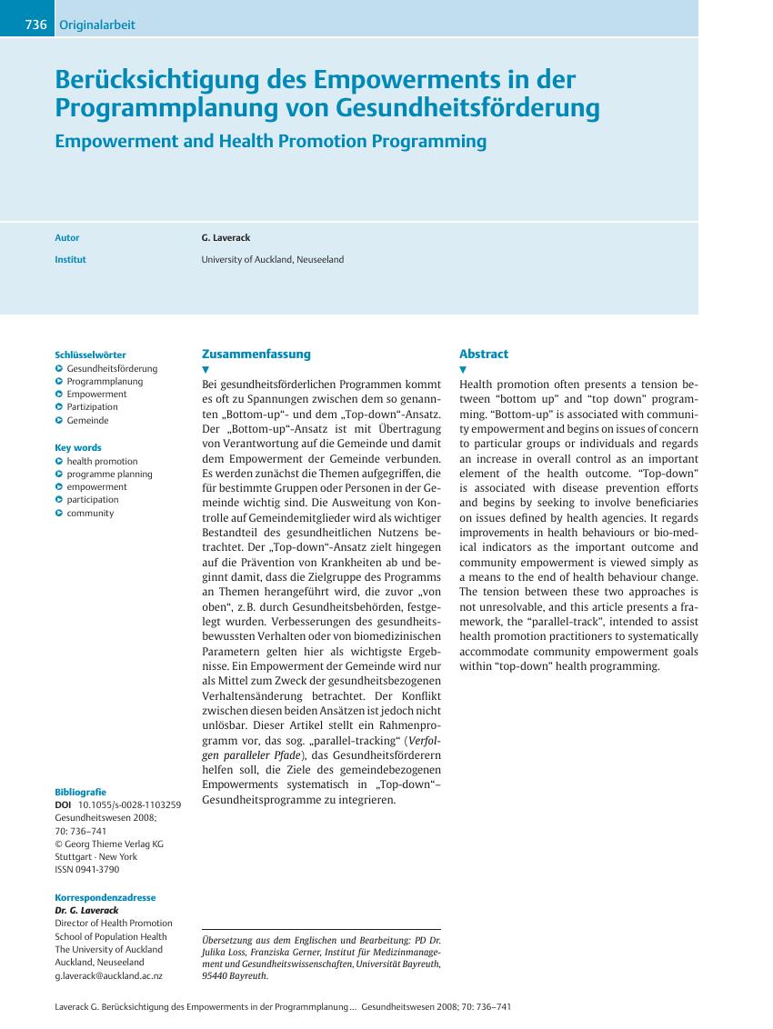 Vorschauseite 1: Berücksichtigung des Empowerments in der Programmplanung von Gesundheitsförderung