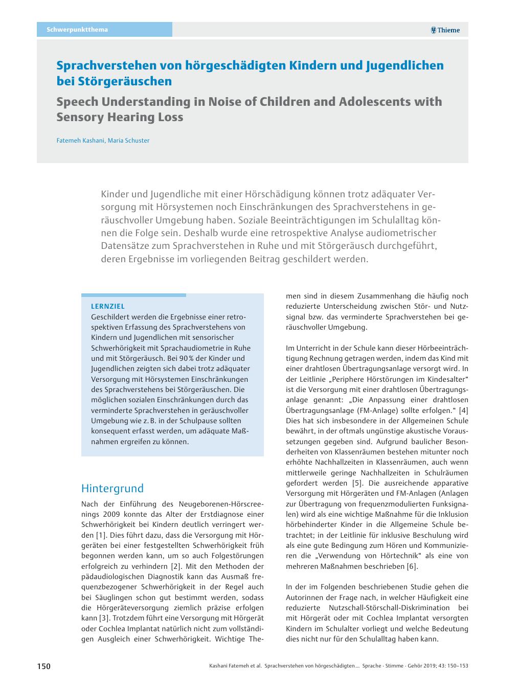 Vorschauseite 1: Sprachverstehen von hörgeschädigten Kindern und Jugendlichen bei Störgeräuschen