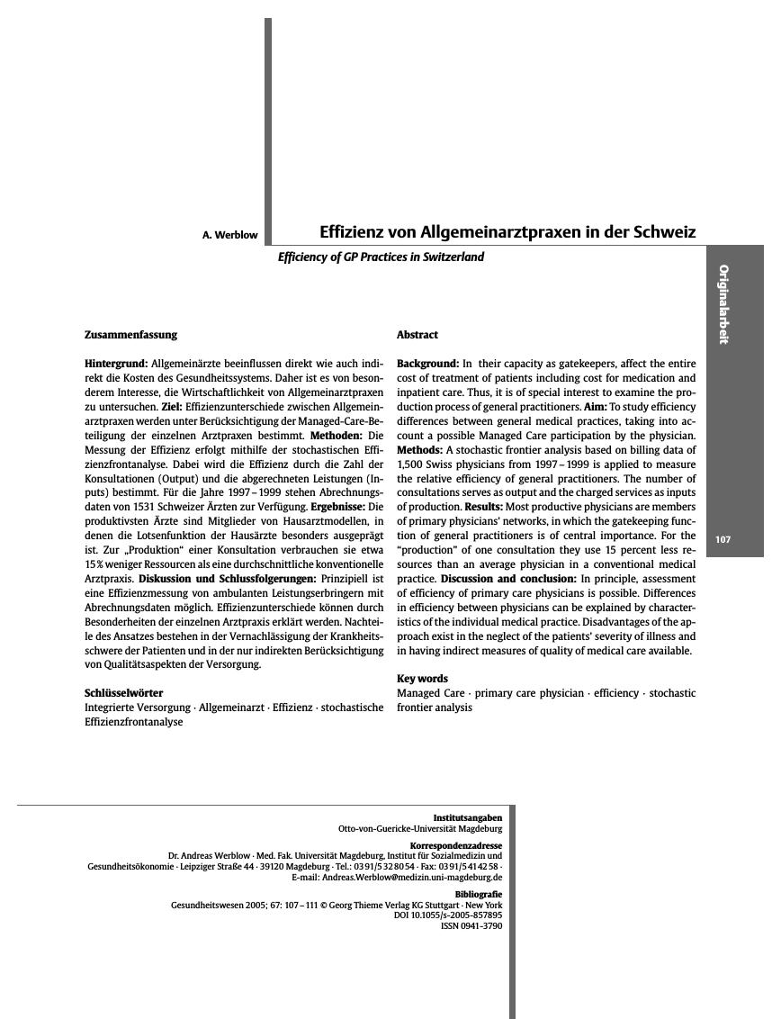 Vorschauseite 1: Effizienz von Allgemeinarztpraxen in der Schweiz