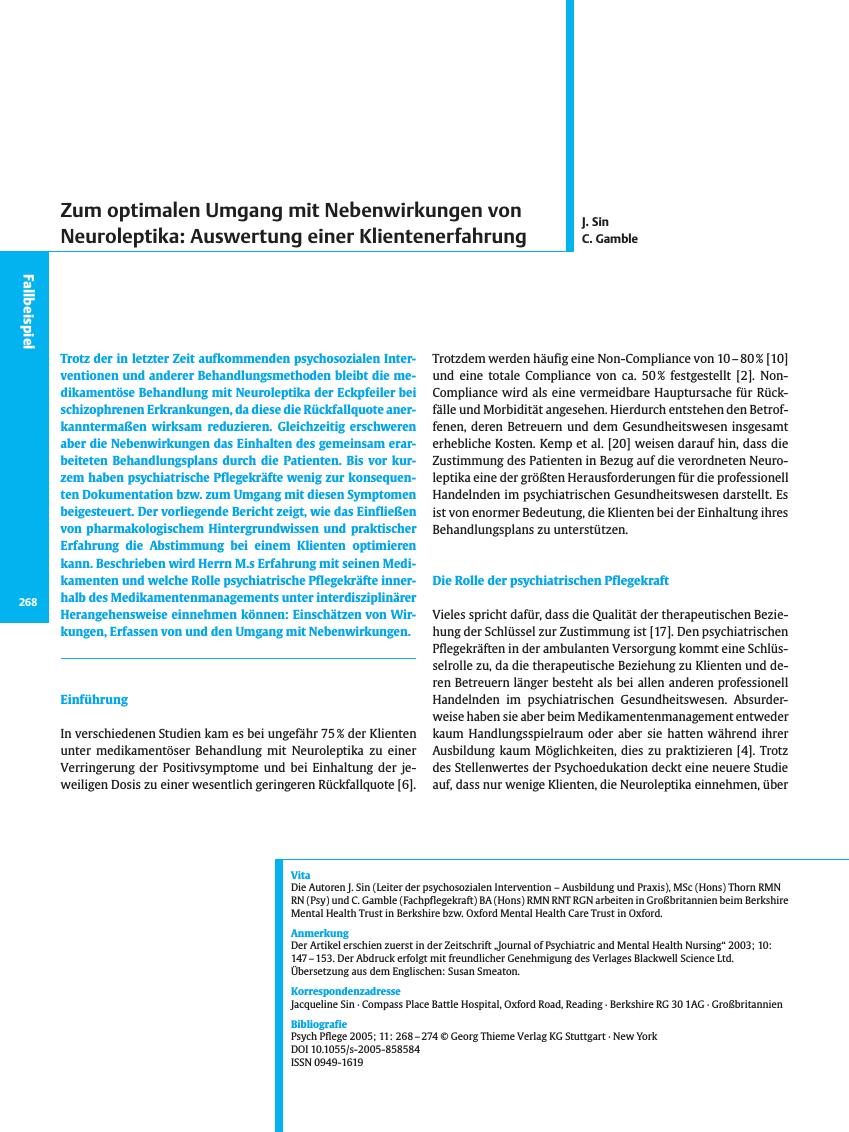 Vorschauseite 1: Zum optimalen Umgang mit Nebenwirkungen von Neuroleptika: Auswertung einer Klientenerfahrung