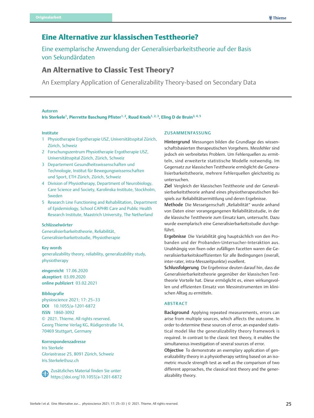 Vorschauseite 1: Eine Alternative zur klassischen Testtheorie? Eine exemplarische Anwendung der Generalisierbarkeitstheorie auf der Basis von Sekundärdaten