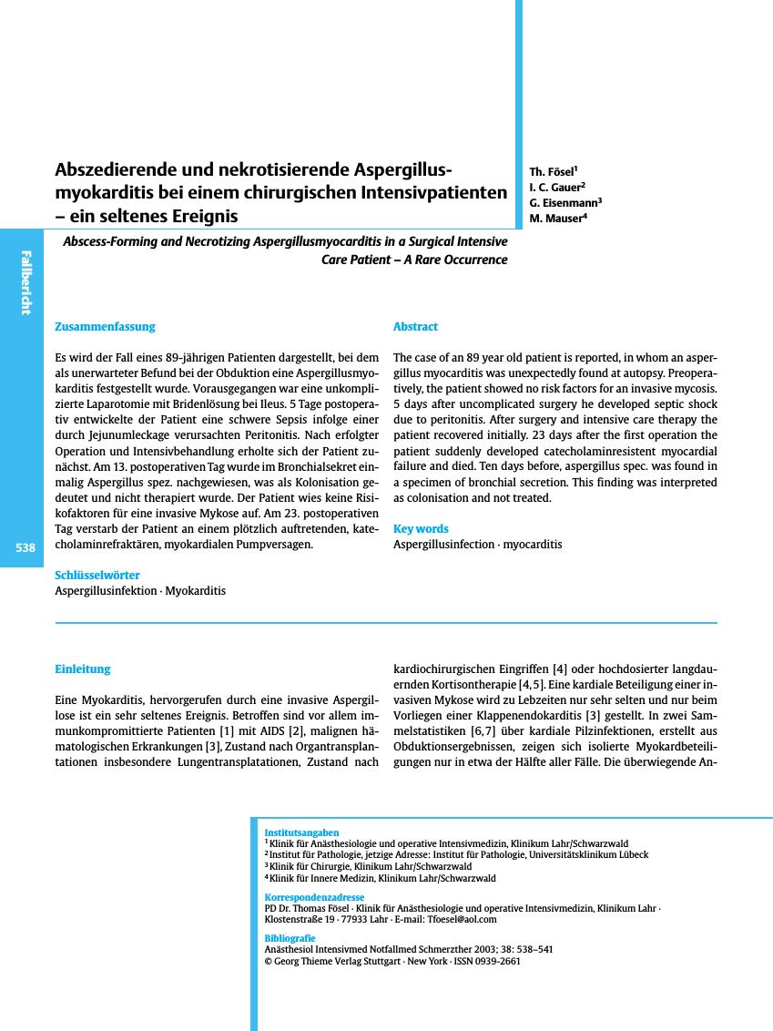 Vorschauseite 1: Abszedierende und nekrotisierende Aspergillusmyokarditis bei einem chirurgischen Intensivpatienten - ein seltenes Ereignis