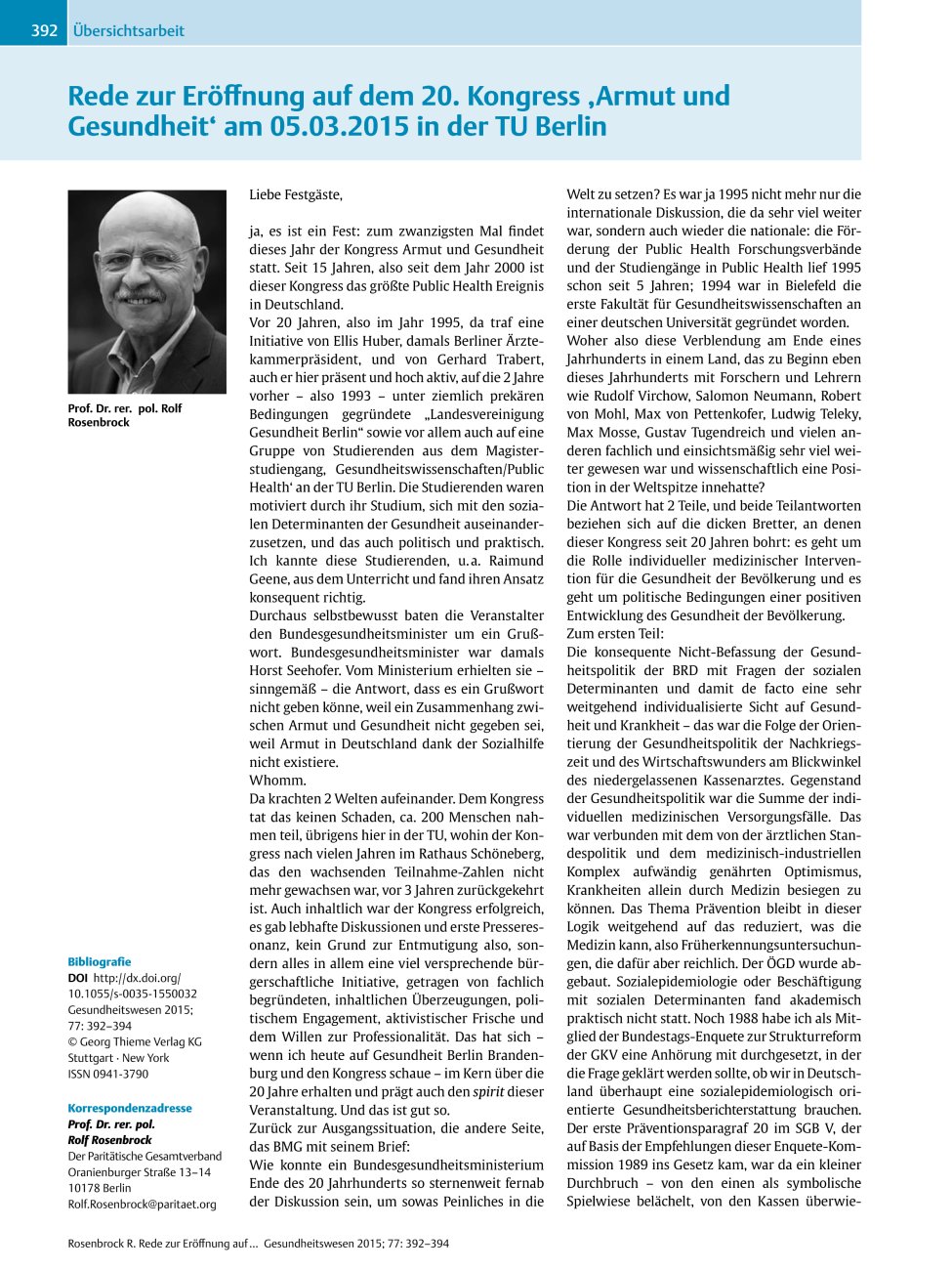 Vorschauseite 1: Rede zur Eröffnung auf dem 20. Kongress ‚Armut und Gesundheit‘ am 05.03.2015 in der TU Berlin