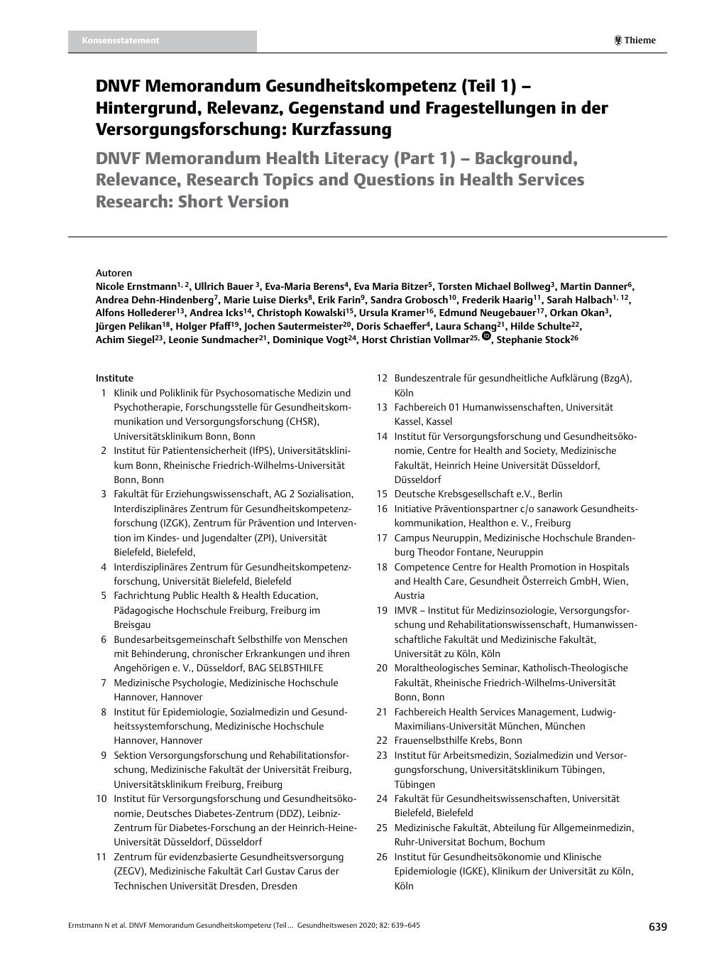 Vorschauseite 1: DNVF Memorandum Gesundheitskompetenz (Teil 1) – Hintergrund, Relevanz, Gegenstand und Fragestellungen in der Versorgungsforschung: Kurzfassung