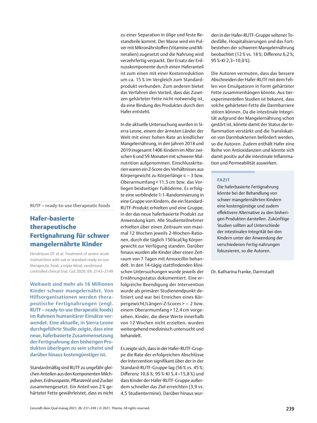 Vorschauseite 1: RUTF - ready-to-use therapeutic foods - Hafer-basierte therapeutische Fertignahrung für schwer mangelernährte Kinder
