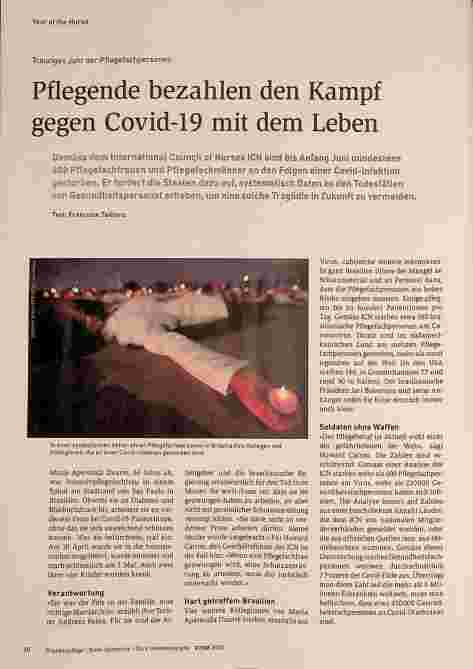 Vorschauseite 1: Corrected text: Trauriges Jahr der Pflegefachpersonen - Pflegende bezahlen den Kampf gegen Covid-19 mit dem Leben