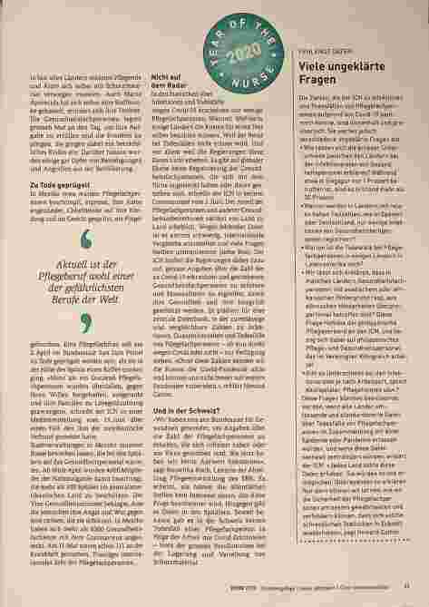 Vorschauseite 2: Corrected text: Trauriges Jahr der Pflegefachpersonen - Pflegende bezahlen den Kampf gegen Covid-19 mit dem Leben
