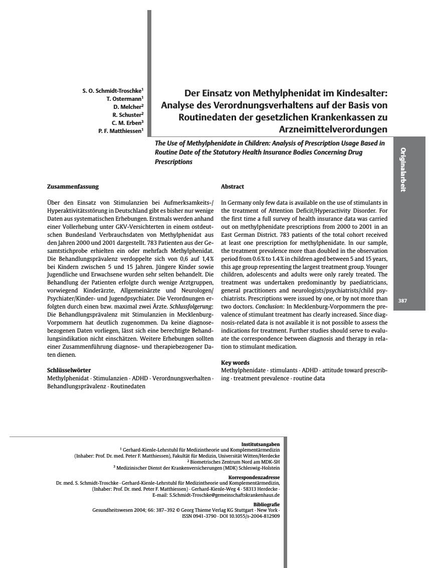 Vorschauseite 1: Der Einsatz von Methylphenidat im Kindesalter: Analyse des Verordnungsverhaltens auf der Basis von Routinedaten der gesetzlichen Krankenkassen zu Arzneimittelverordungen